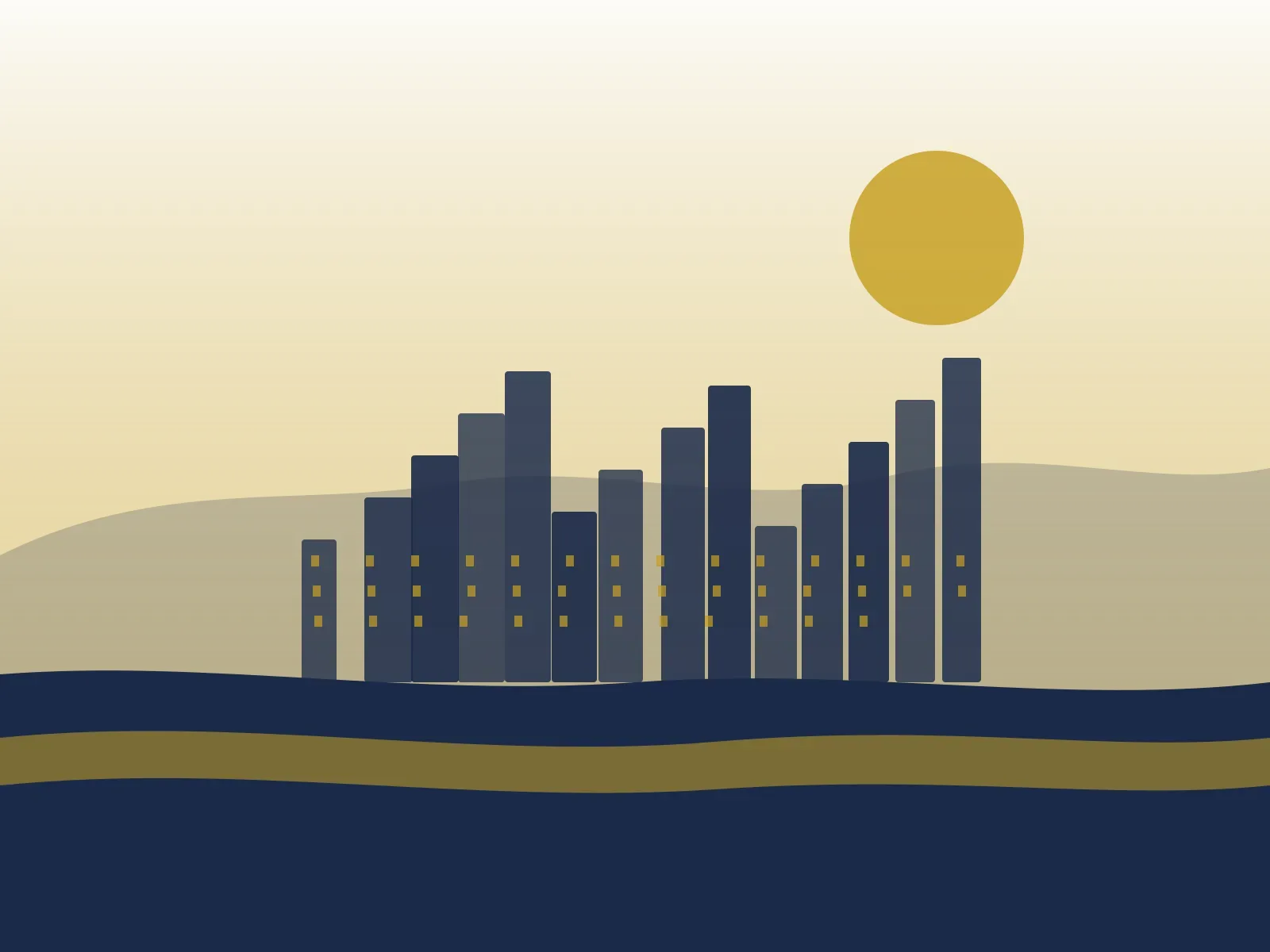 Illustration of the Austin skyline above rolling Hill Country and the river