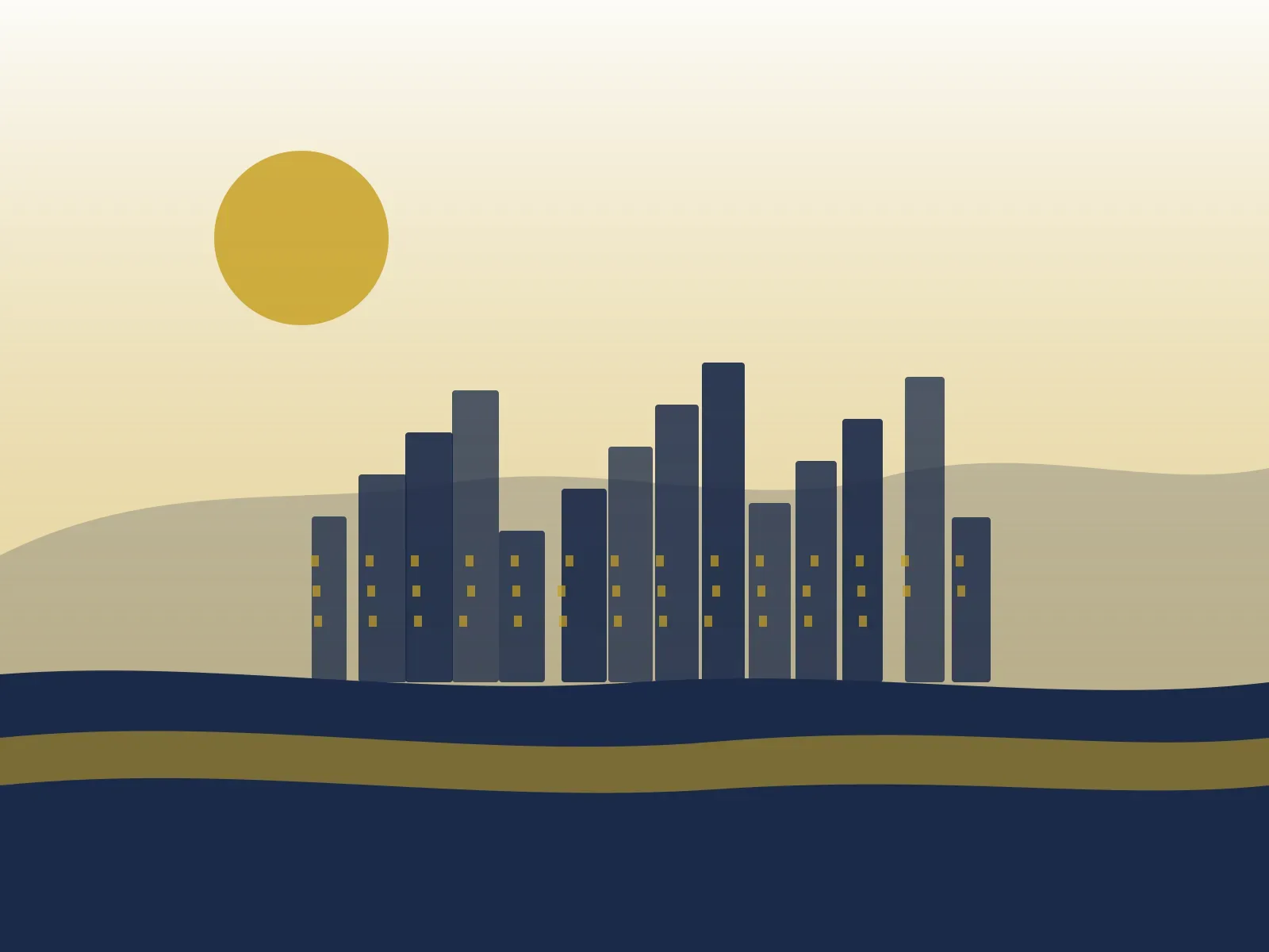 Illustration of Austin at golden hour with the river in front